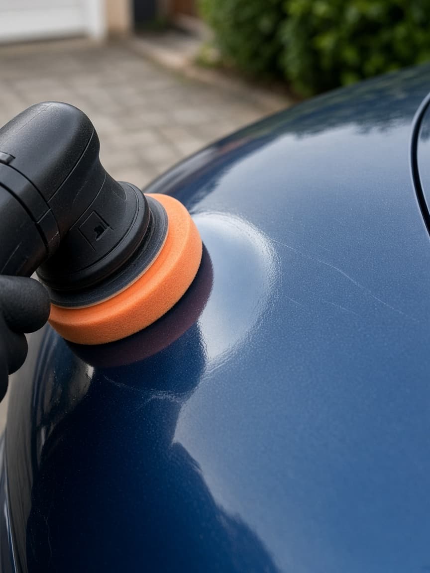 Machine polisher removing a scratch from blue car paint
